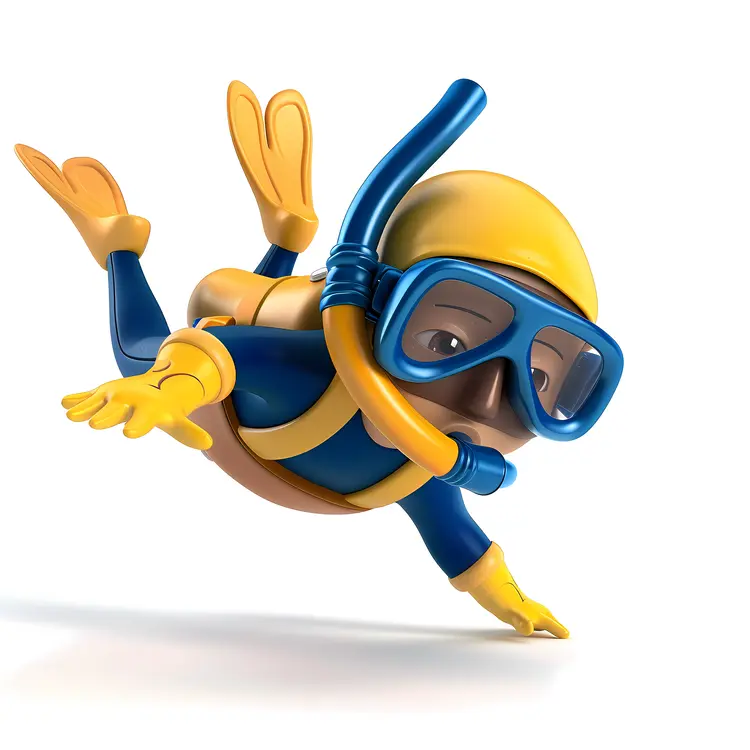 Cute Cartoon Diver in Yellow and Blue Gear