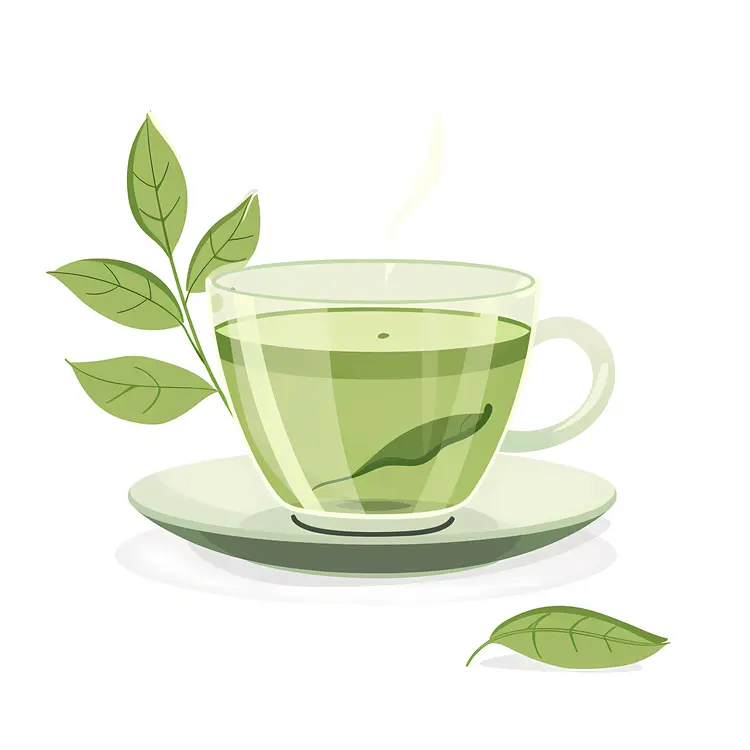 Glass Cup with Green Tea and Leaves