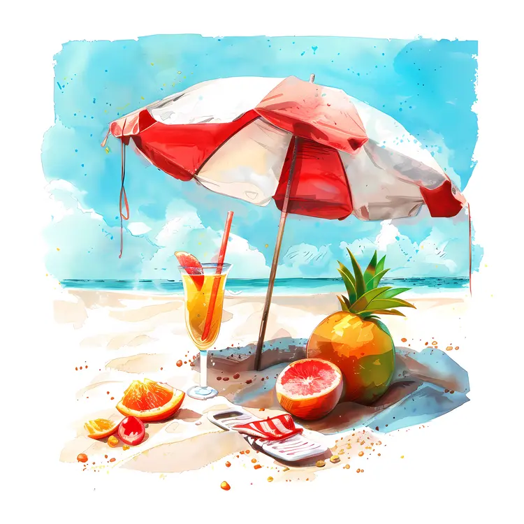 Beach Umbrella with Tropical Fruits and Drink