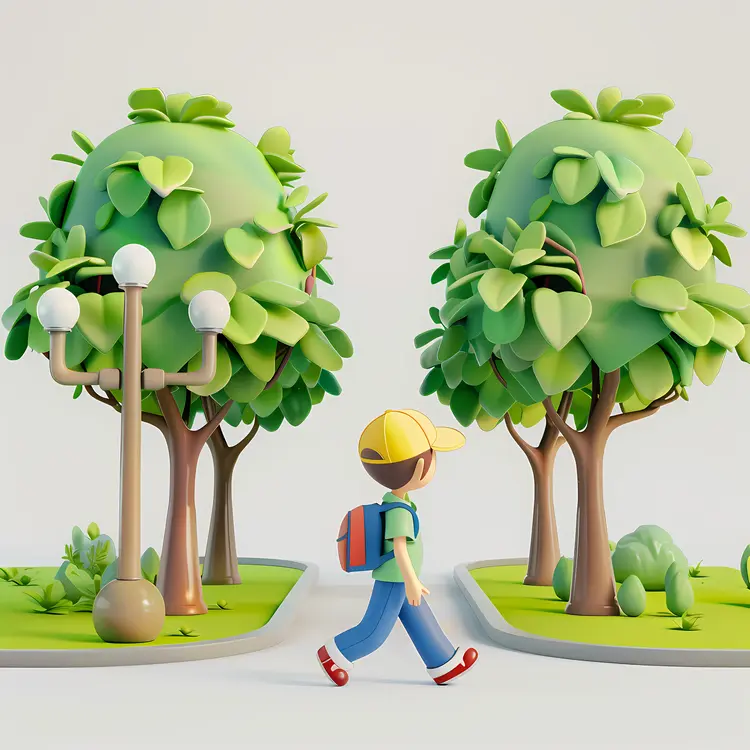 Green Trees in a Park with a Lamp Post and Walking Person