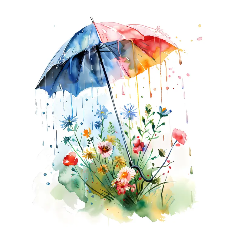 Colorful Umbrella Sheltering Flowers