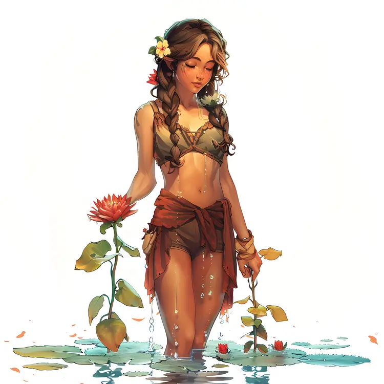 Girl with Flowers in Water