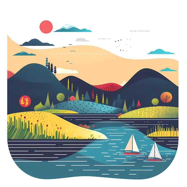 Sailing Boats on Lake with Hills