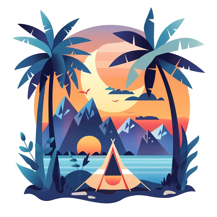 Tropical Camping Scene with Tent and Palm Trees