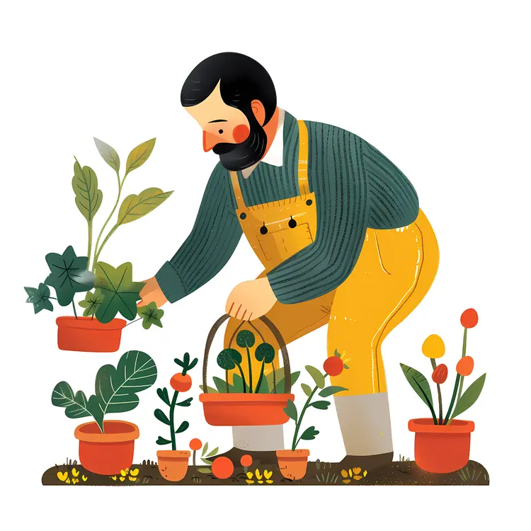 Gardener with Plants and Pots