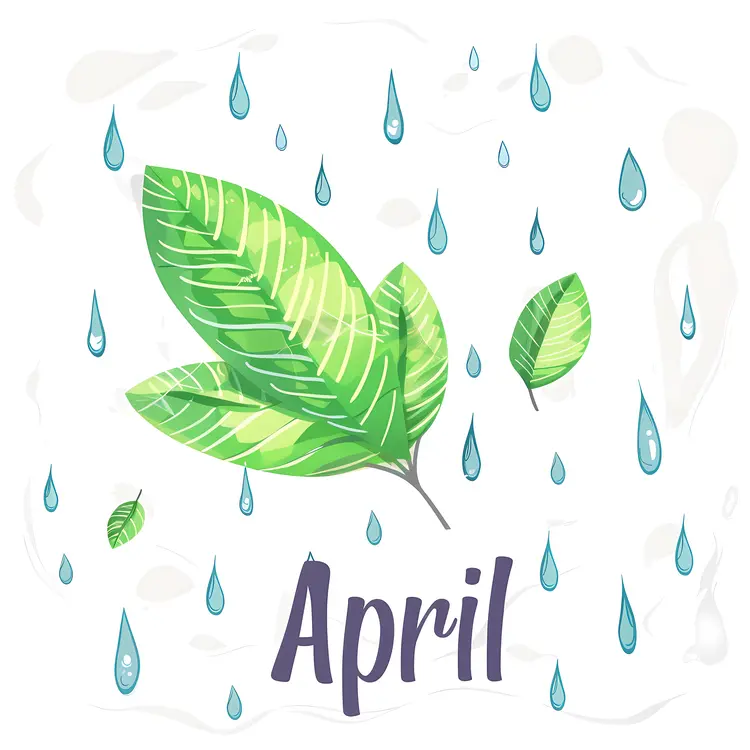 April Text with Leaves and Rain Illustration