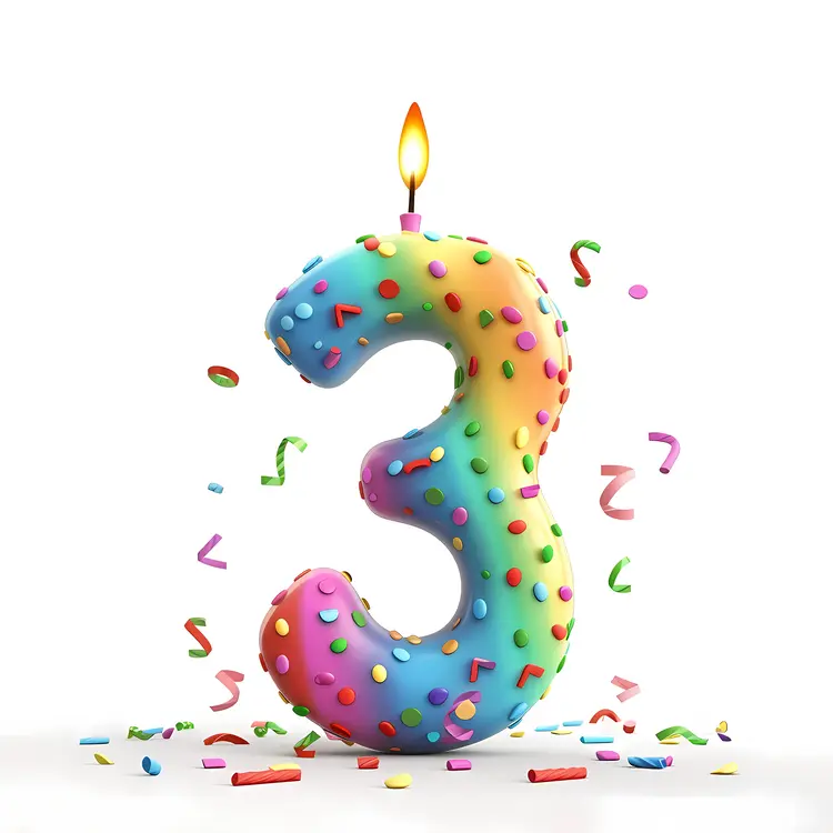 Colorful Number 3 Birthday Candle with Confetti