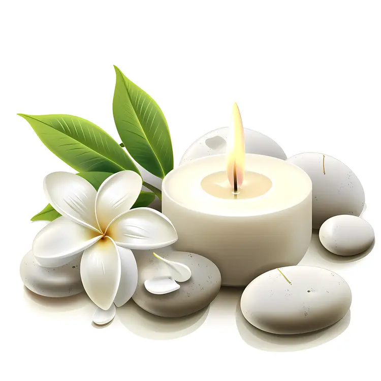 White Candle with Plumeria and Stones for Calmness