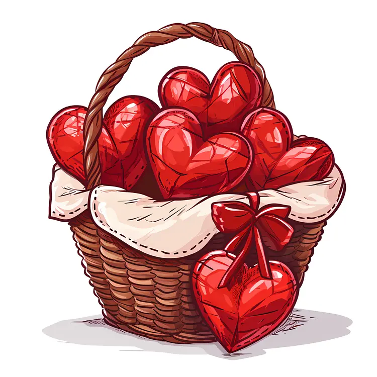 Illustrated Basket with Heart-shaped Cushions and Red Bow