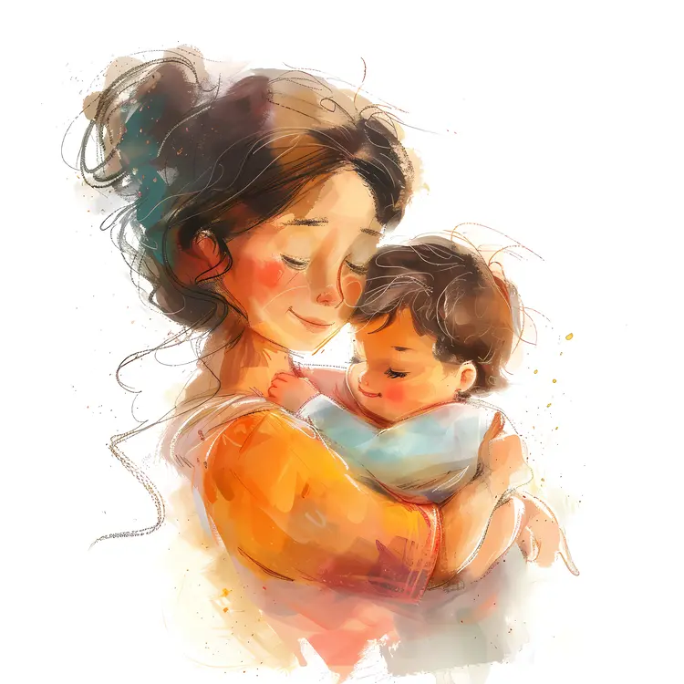 Mother Embracing Baby in Watercolor Style