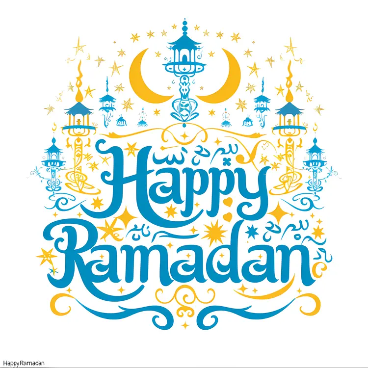 Blue and Yellow Lanterns with Happy Ramadan Text