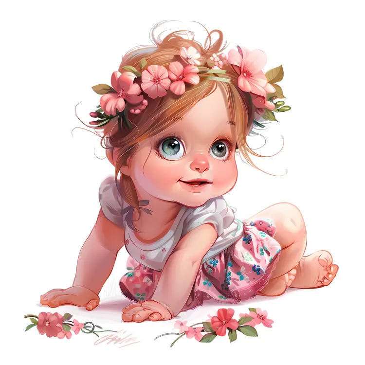Baby Girl Crawling with Flower Crown