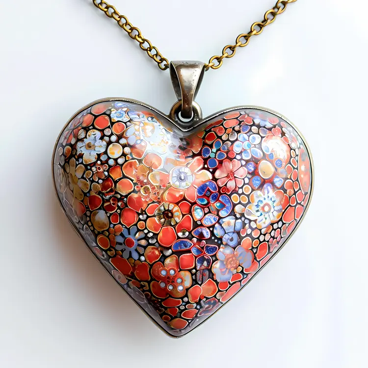 Colorful Heart Necklace with Floral Design