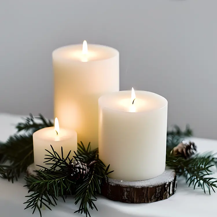 White Candles with Pine Branches