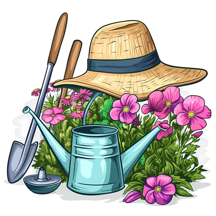 Gardening Tools and Pink Flowers with Straw Hat