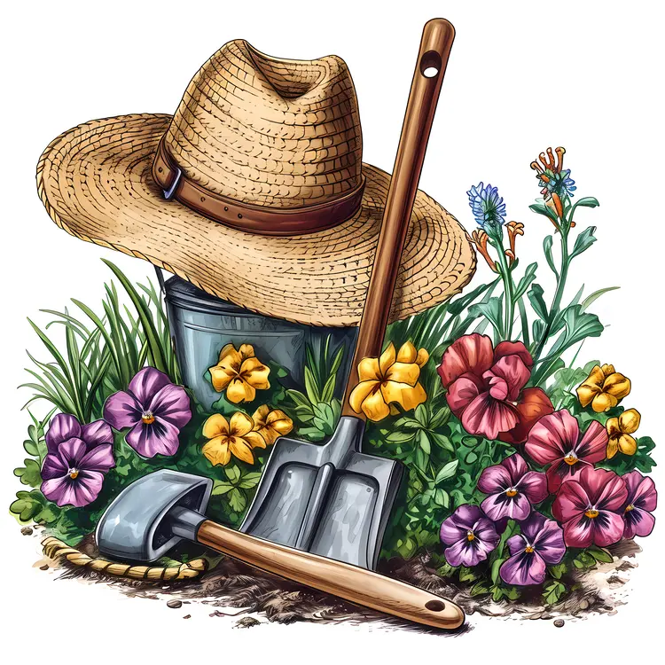 Gardening Tools and Flowers in Spring