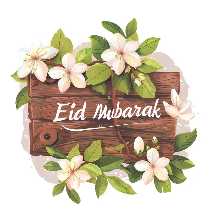 Eid Mubarak Wooden Sign with White Flowers
