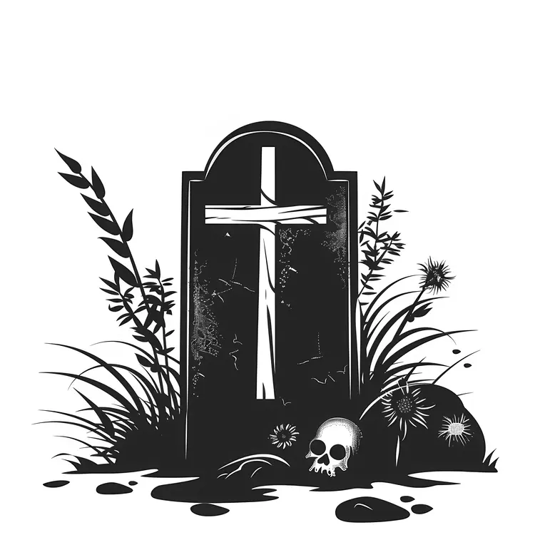 Silhouette of Gravestone with Cross and Skull