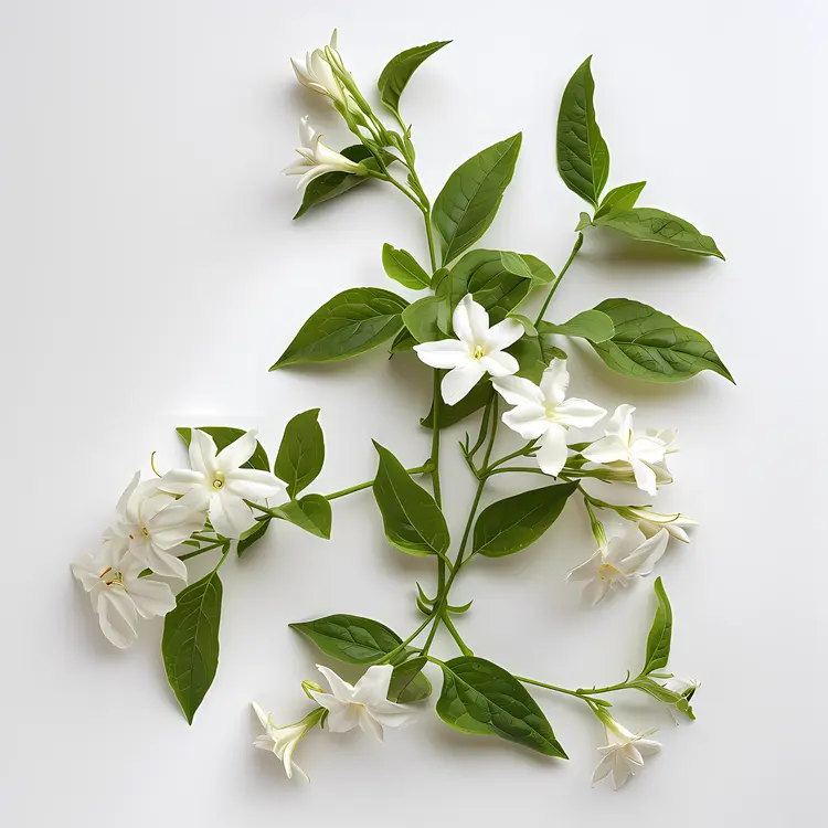 Branch with White Flowers and Green Leaves