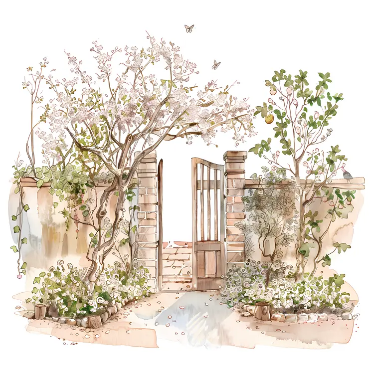 Charming Wooden Gate with Blossoming Flowers