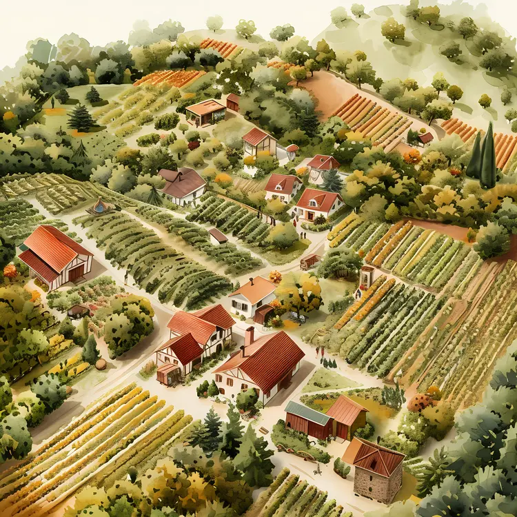 Vineyard with Small Houses and Trees