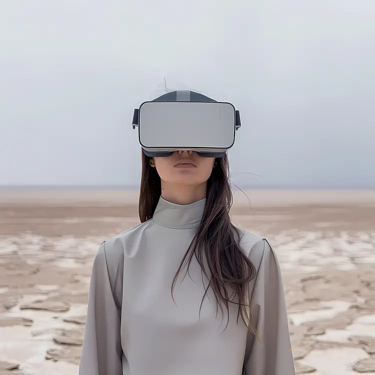 Person Wearing VR Headset in Desert