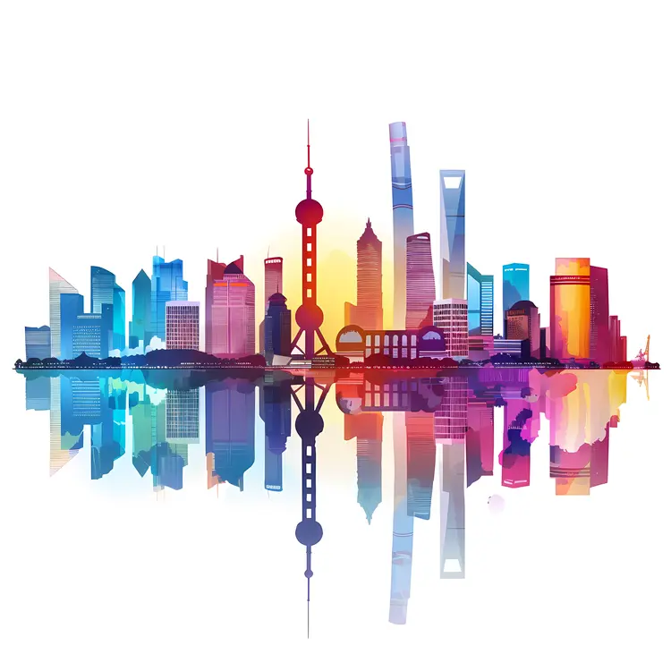 Colorful City Skyline with Reflection