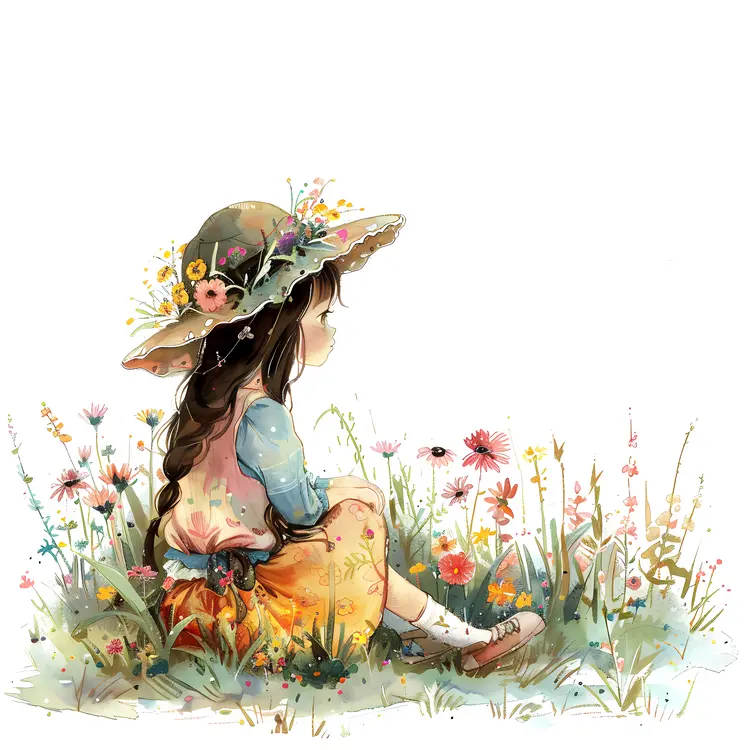 Girl with Hat Sitting in Flower Field