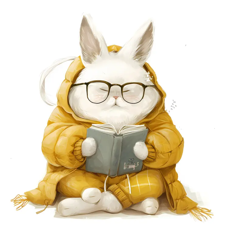 Cute Rabbit Reading a Book with Glasses