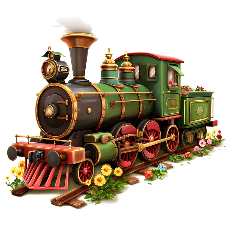 Green Steam Train Surrounded by Flowers