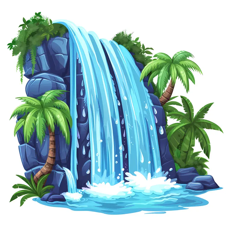 Cartoon Waterfall with Palm Trees