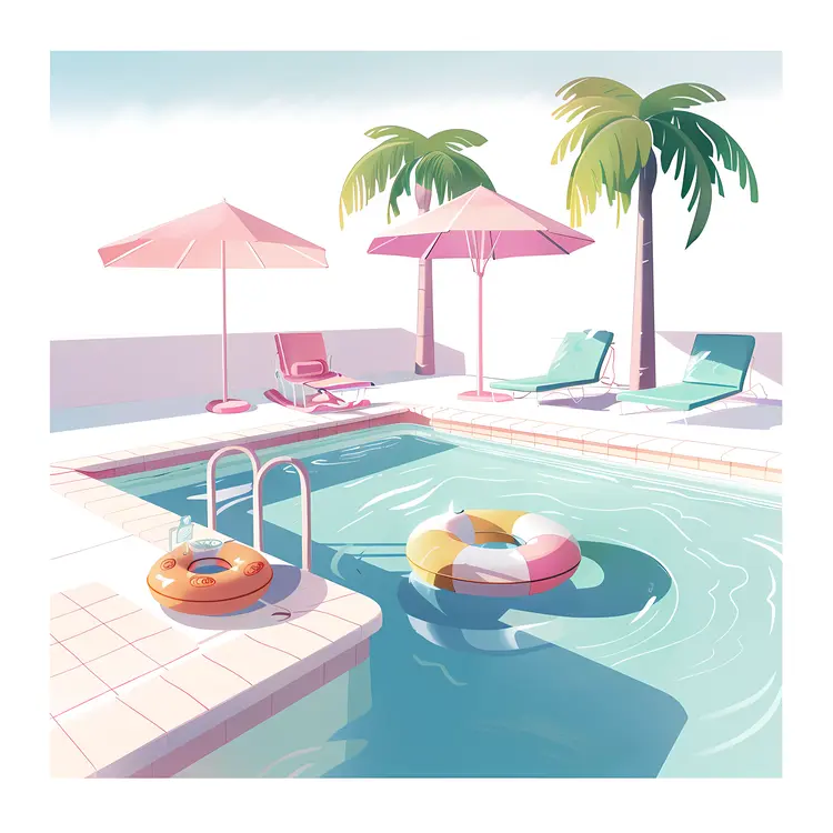 Swimming Pool with Palm Trees and Umbrellas