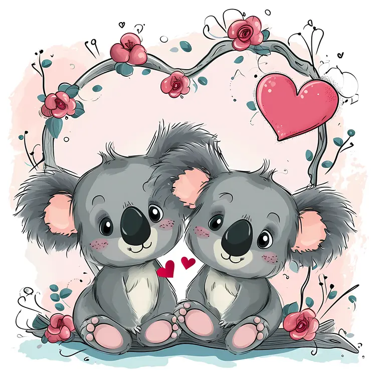 Cute Koalas in Love with Heart and Flowers