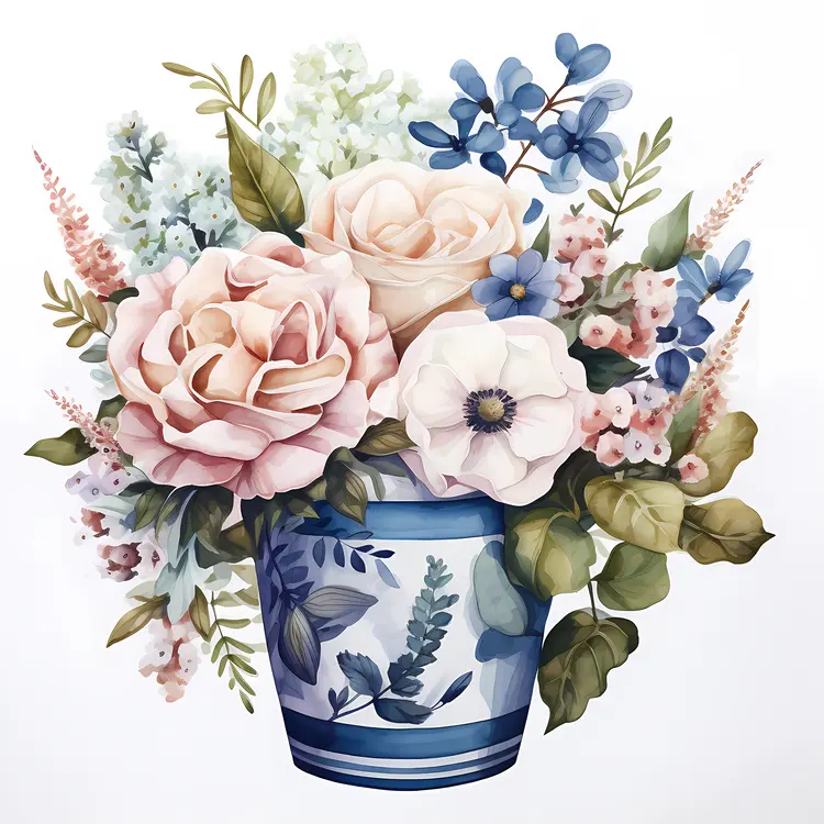 Pink and Blue Flowers in a Cup