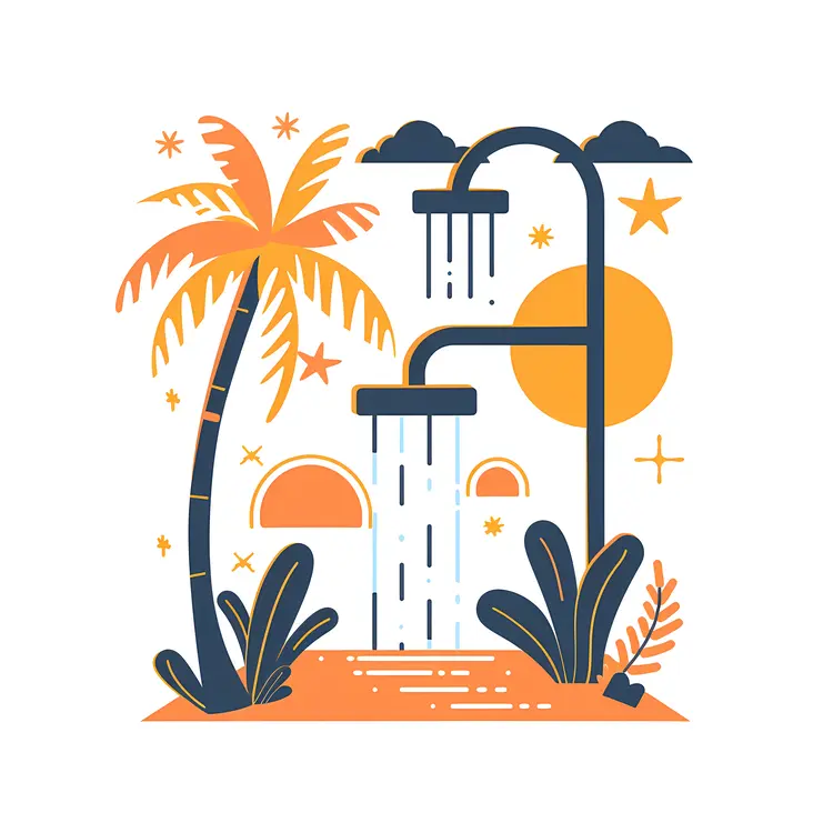 Tropical Shower with Palm Trees and Sunset