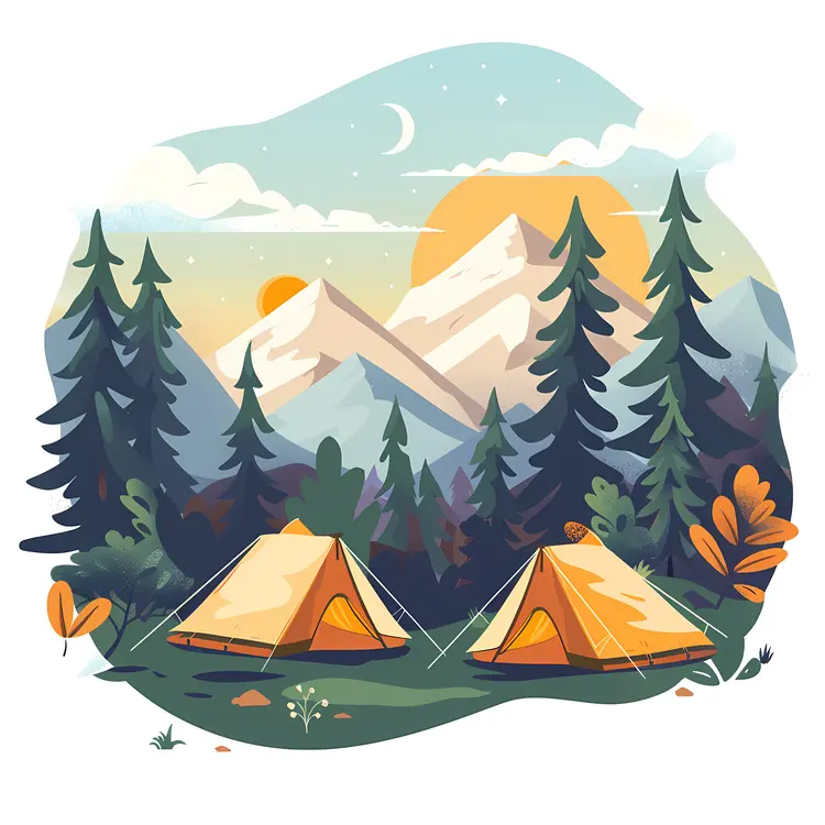Sunset Camping Scene with Two Tents