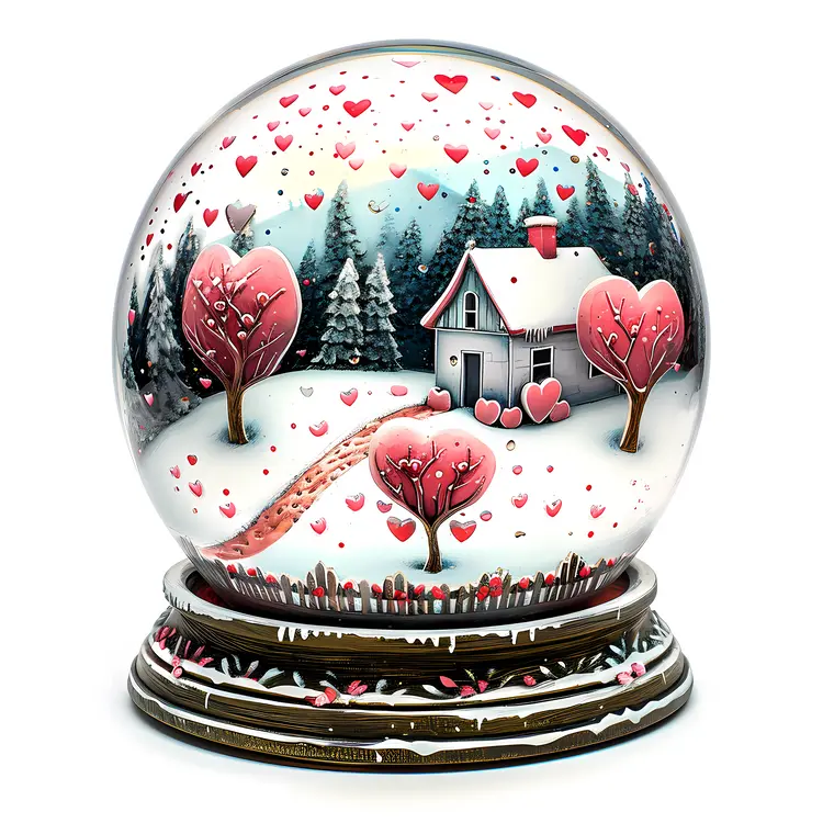 House with Heart Trees in Snow Globe