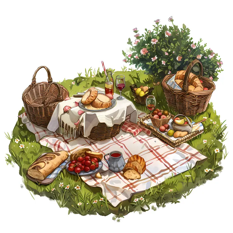 Outdoor Picnic with Bread and Wine