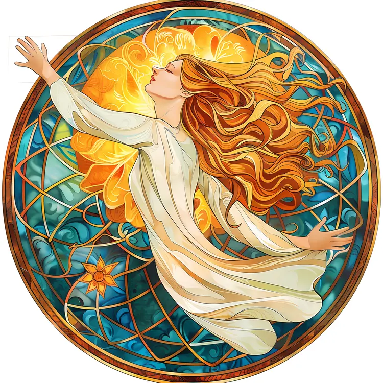 Woman with Flowing Hair in Stained Glass Style