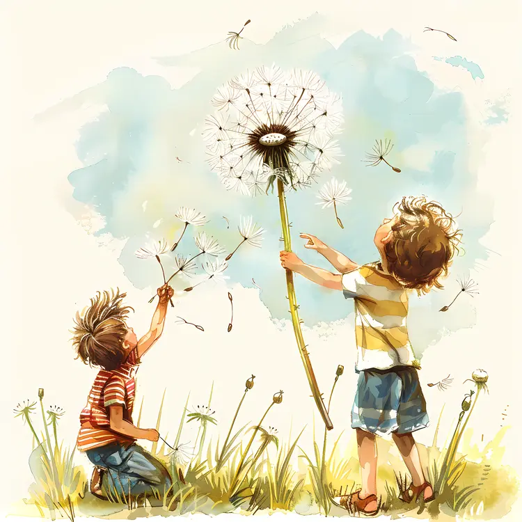 Children Playing with Dandelion Illustration