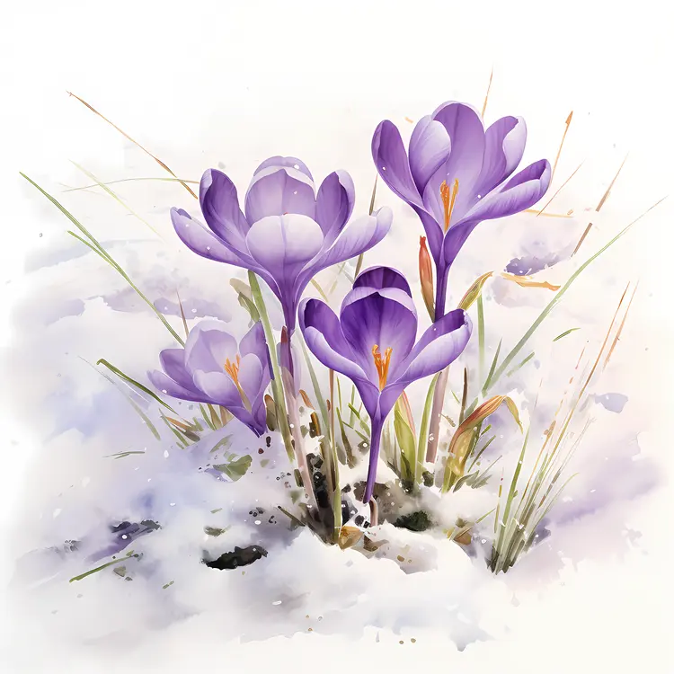 Purple Crocuses in Snowy Meadow
