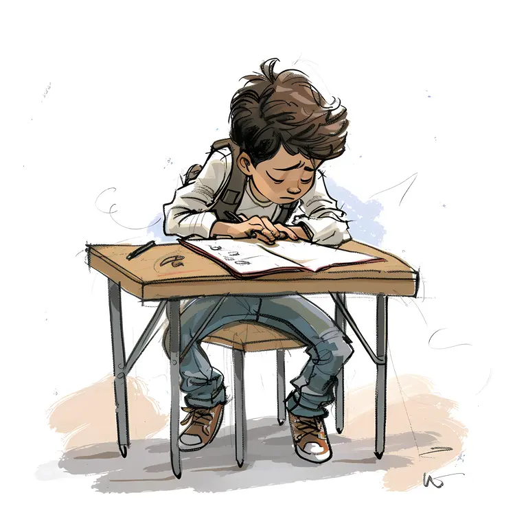 Cartoon Boy Writing at Desk