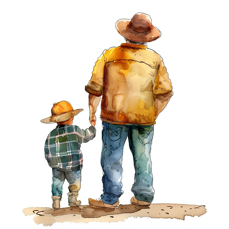 Man and Boy in Cowboy Hats Illustration