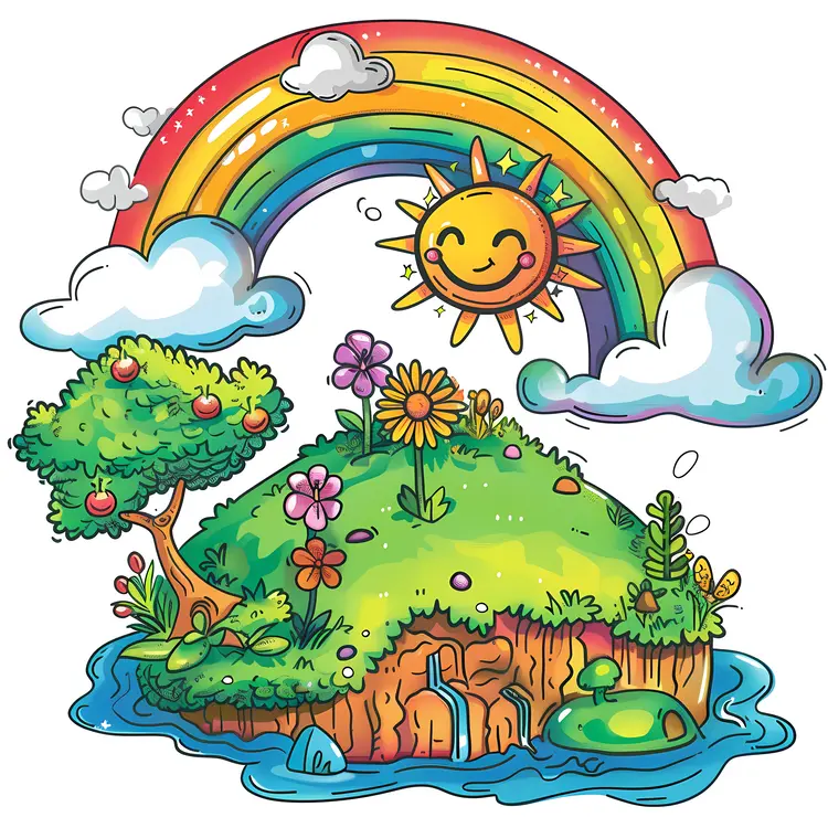 Whimsical Rainbow Island Illustration