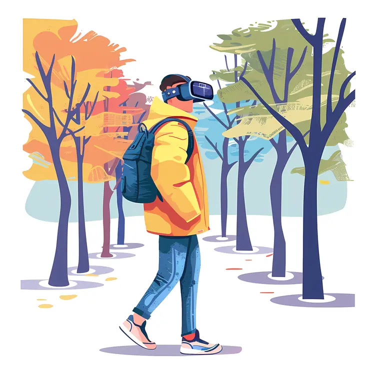Person Walking in Forest with VR Headset