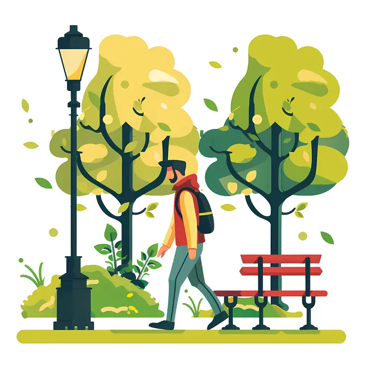 Man Walking in a Park with Benches