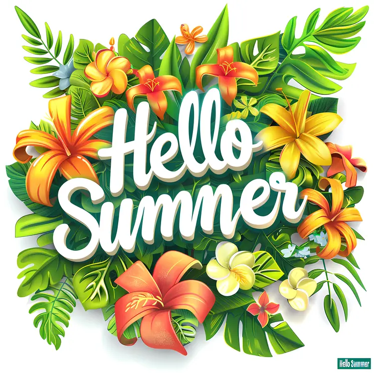 Hello Summer Poster with Tropical Flowers