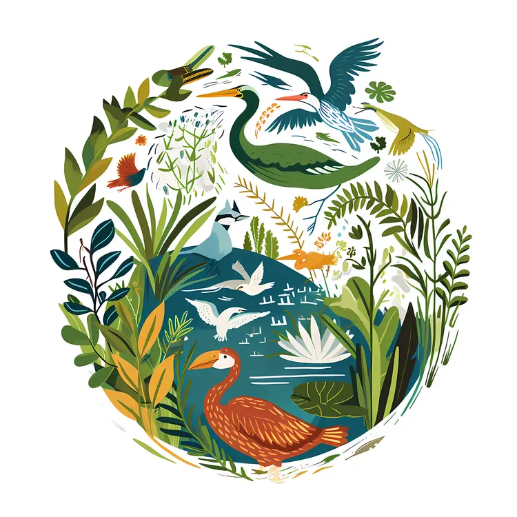 Birds in a Lush Wetland