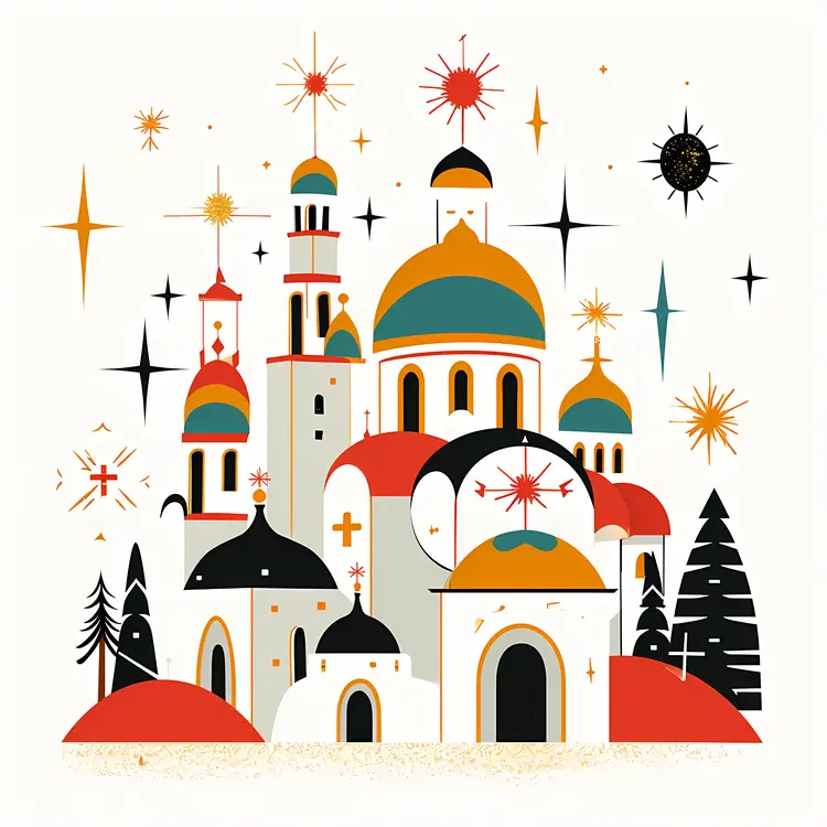 Colorful Church with Domes and Stars
