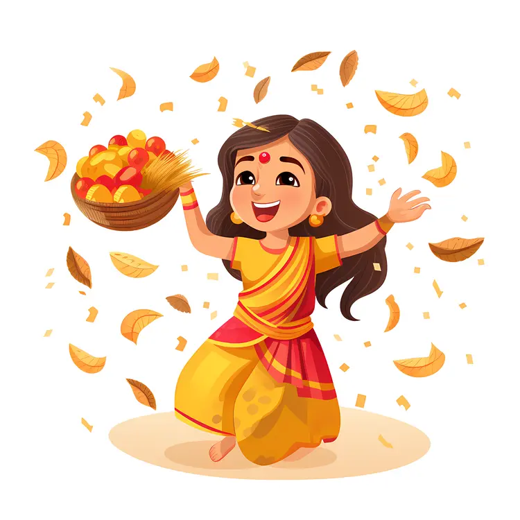 Happy Girl with Basket of Fruits Illustration